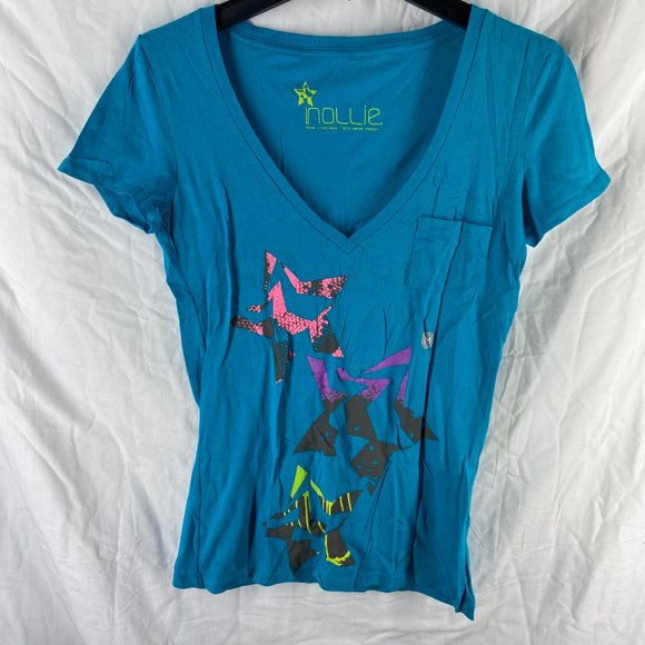 Nollie Blue Teal V-Neck Graphic T-Shirt Size M - Picture 3 of 9